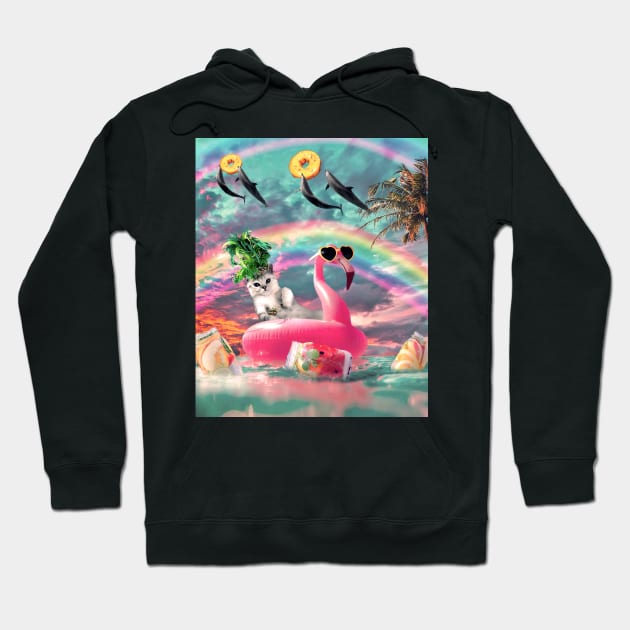 Cute Rainbow Cat On Flamingo With Dolphin Hoodie by Random Galaxy